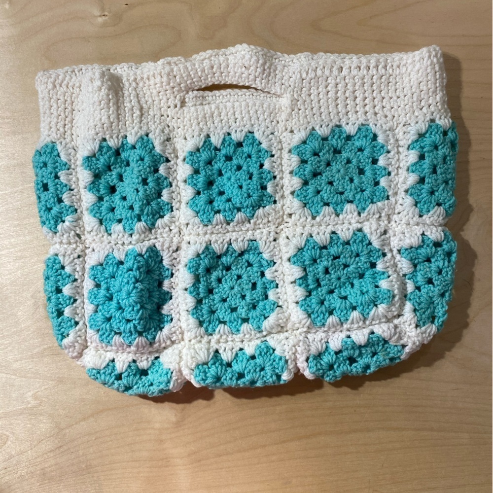 Handcrafted Crochet Tote Bag - White and Blue (JB)